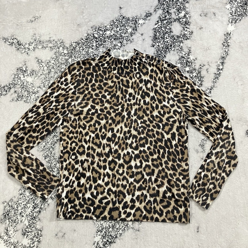 J.Crew‎ Leopard Print Sweater Tan Brown Button Shoulder Womens Size Large
